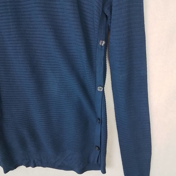 LOFT Open Knit Sweater Tunic Size Small Blue w/ Button Up Side Seams - Picture 5 of 11